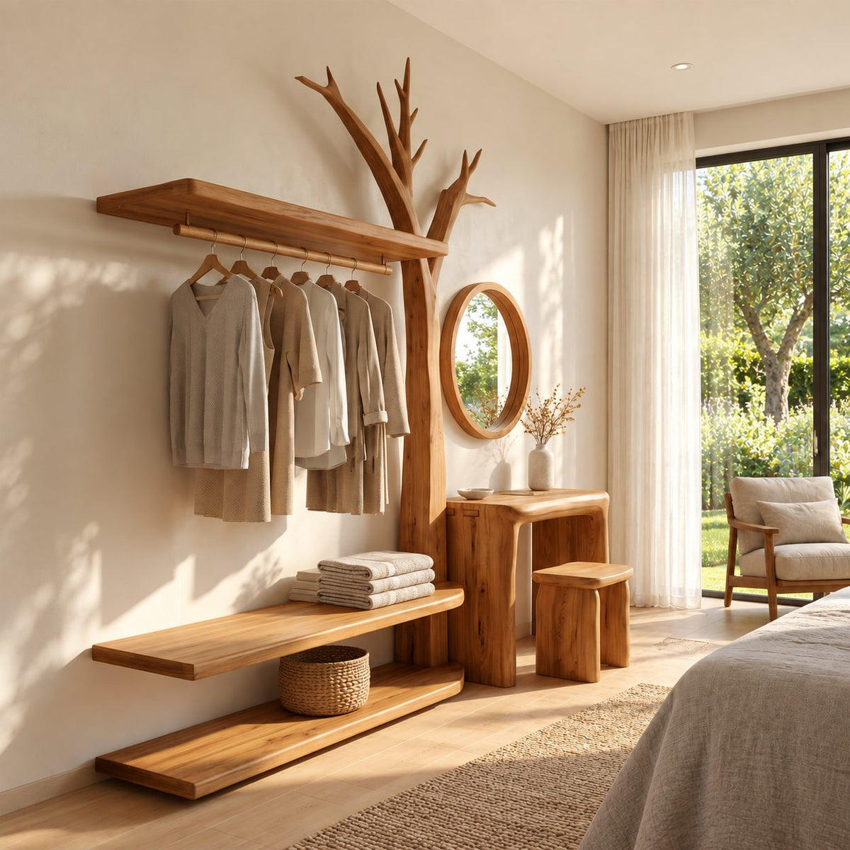 Bare Tree Dressing Table and Clothes Rack Combo, Solid Wood Bedroom Organizer with Stool and Open Shelves