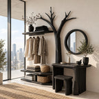 Bare Tree Dressing Table and Clothes Rack Combo, Solid Wood Bedroom Organizer with Stool and Open Shelves