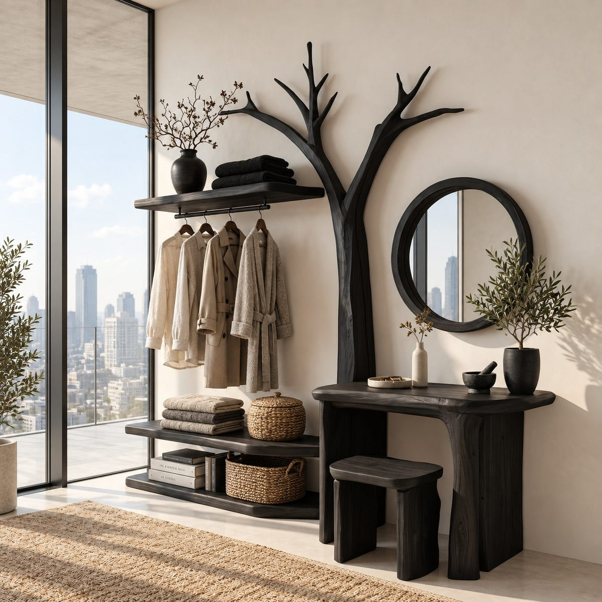 Bare Tree Dressing Table and Clothes Rack Combo, Solid Wood Bedroom Organizer with Stool and Open Shelves