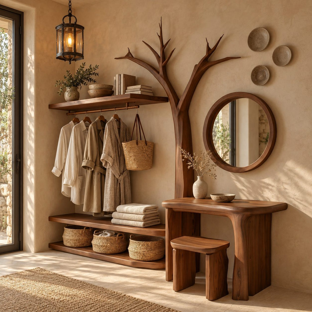 Bare Tree Dressing Table and Clothes Rack Combo, Solid Wood Bedroom Organizer with Stool and Open Shelves
