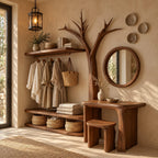 Bare Tree Dressing Table and Clothes Rack Combo, Solid Wood Bedroom Organizer with Stool and Open Shelves