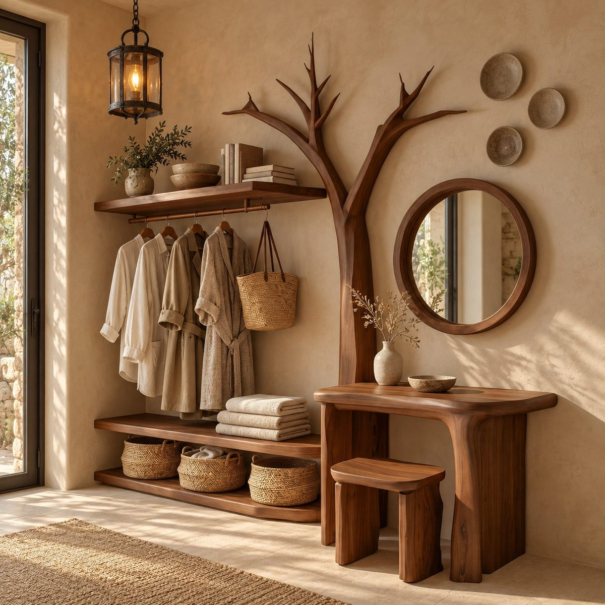 Bare Tree Dressing Table and Clothes Rack Combo, Solid Wood Bedroom Organizer with Stool and Open Shelves