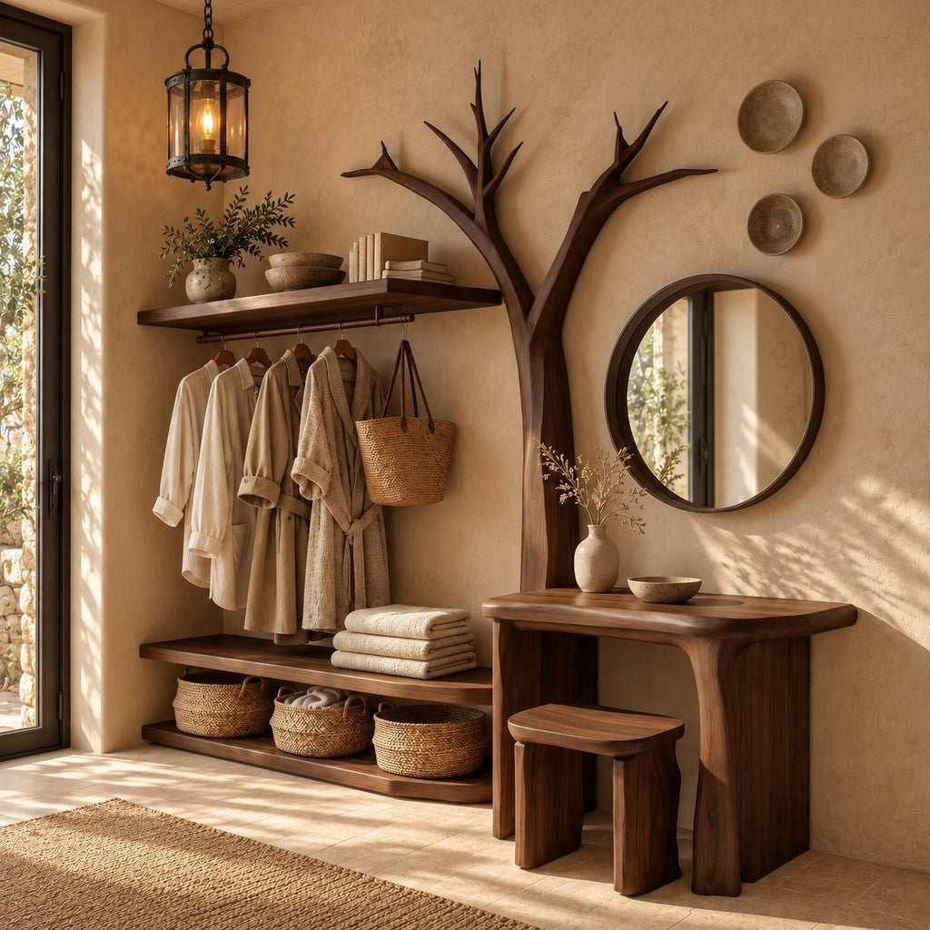 Bare Tree Dressing Table and Clothes Rack Combo, Solid Wood Bedroom Organizer with Stool and Open Shelves
