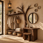 Bare Tree Dressing Table and Clothes Rack Combo, Solid Wood Bedroom Organizer with Stool and Open Shelves