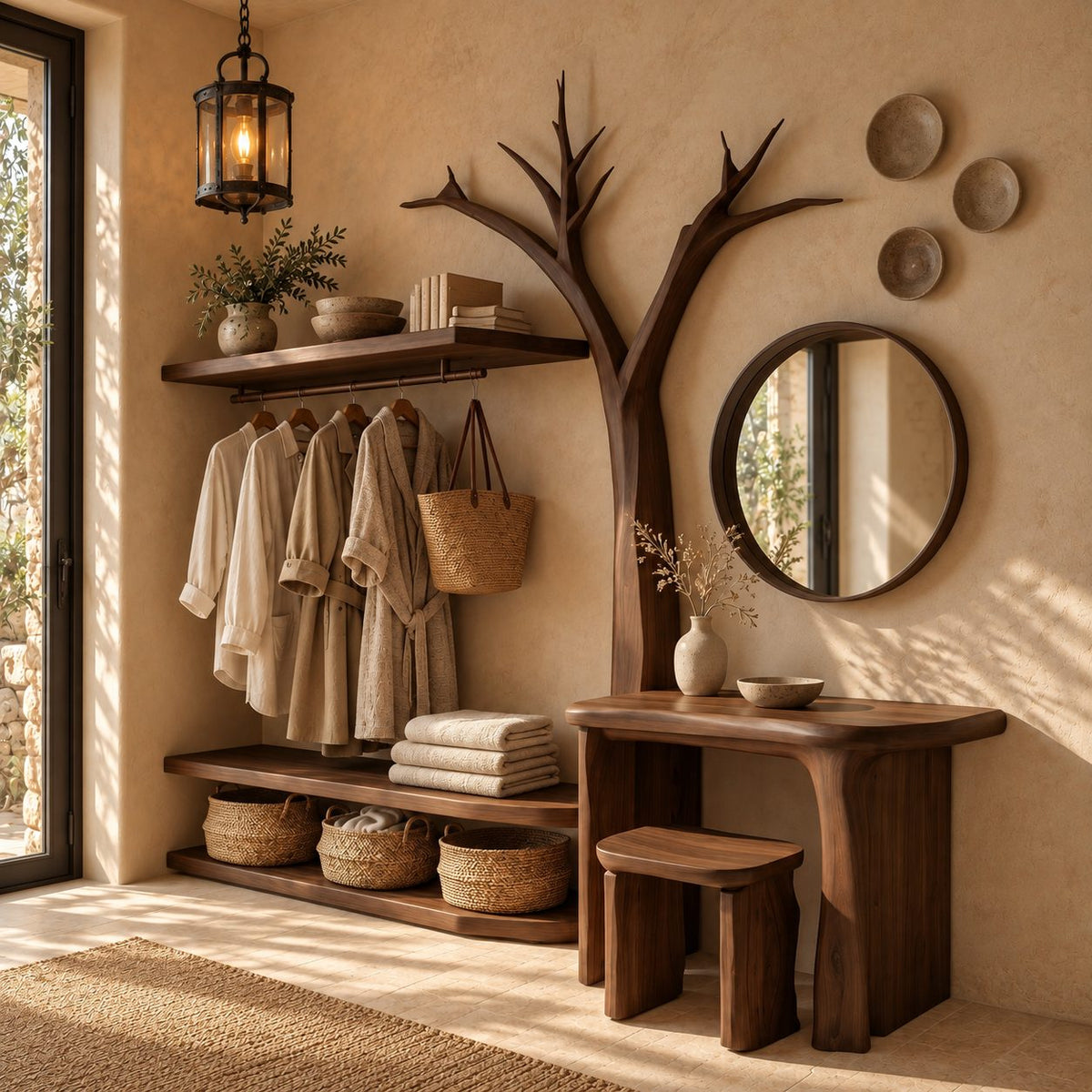 Bare Tree Dressing Table and Clothes Rack Combo, Solid Wood Bedroom Organizer with Stool and Open Shelves