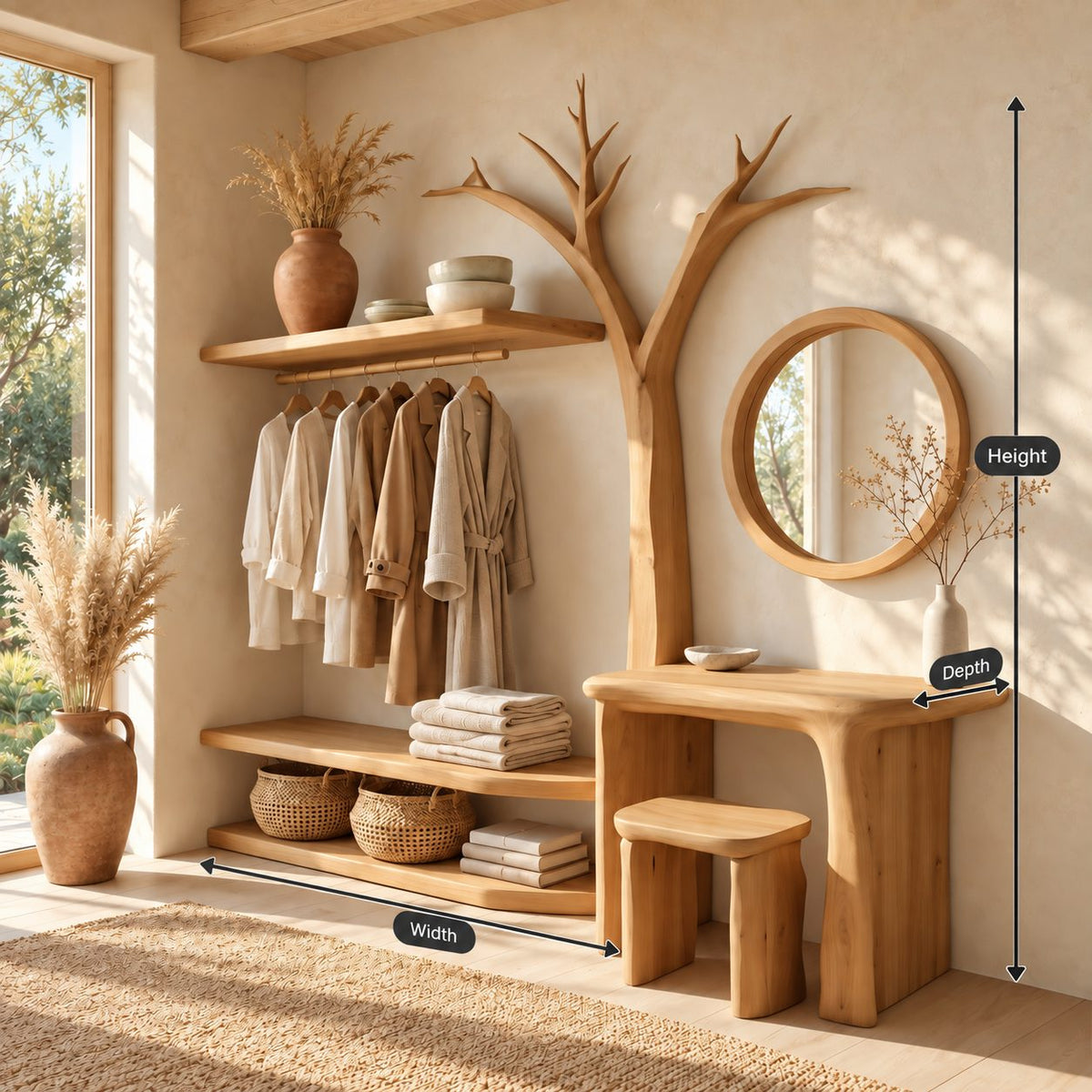 Bare Tree Dressing Table and Clothes Rack Combo, Solid Wood Bedroom Organizer with Stool and Open Shelves