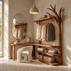 L-Shaped Corner Tree Clothes Rack with Makeup Desk, Solid Wood Dressing Unit with Curved Open Shelves