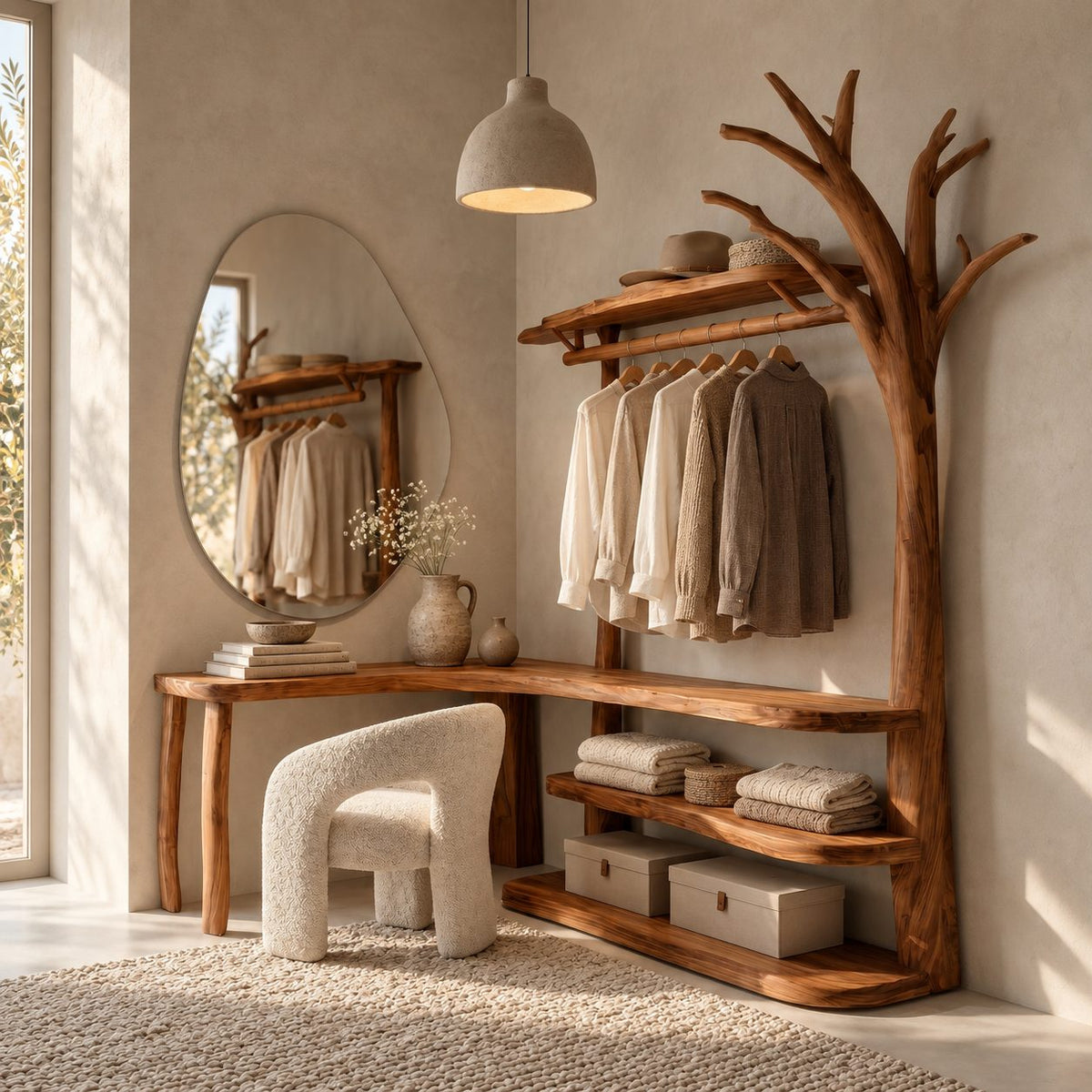 L-Shaped Corner Tree Clothes Rack with Makeup Desk, Solid Wood Dressing Unit with Curved Open Shelves