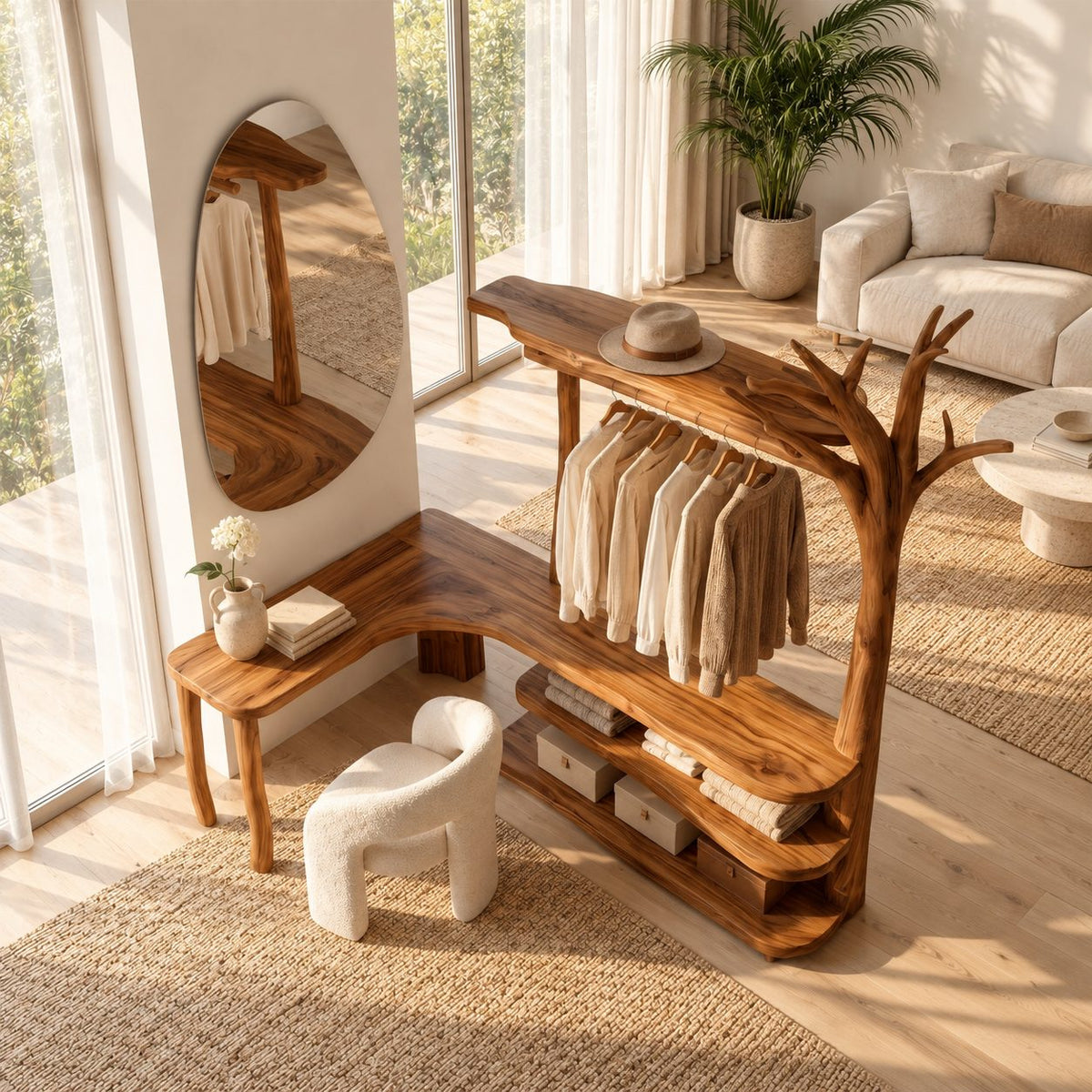 L-Shaped Corner Tree Clothes Rack with Makeup Desk, Solid Wood Dressing Unit with Curved Open Shelves