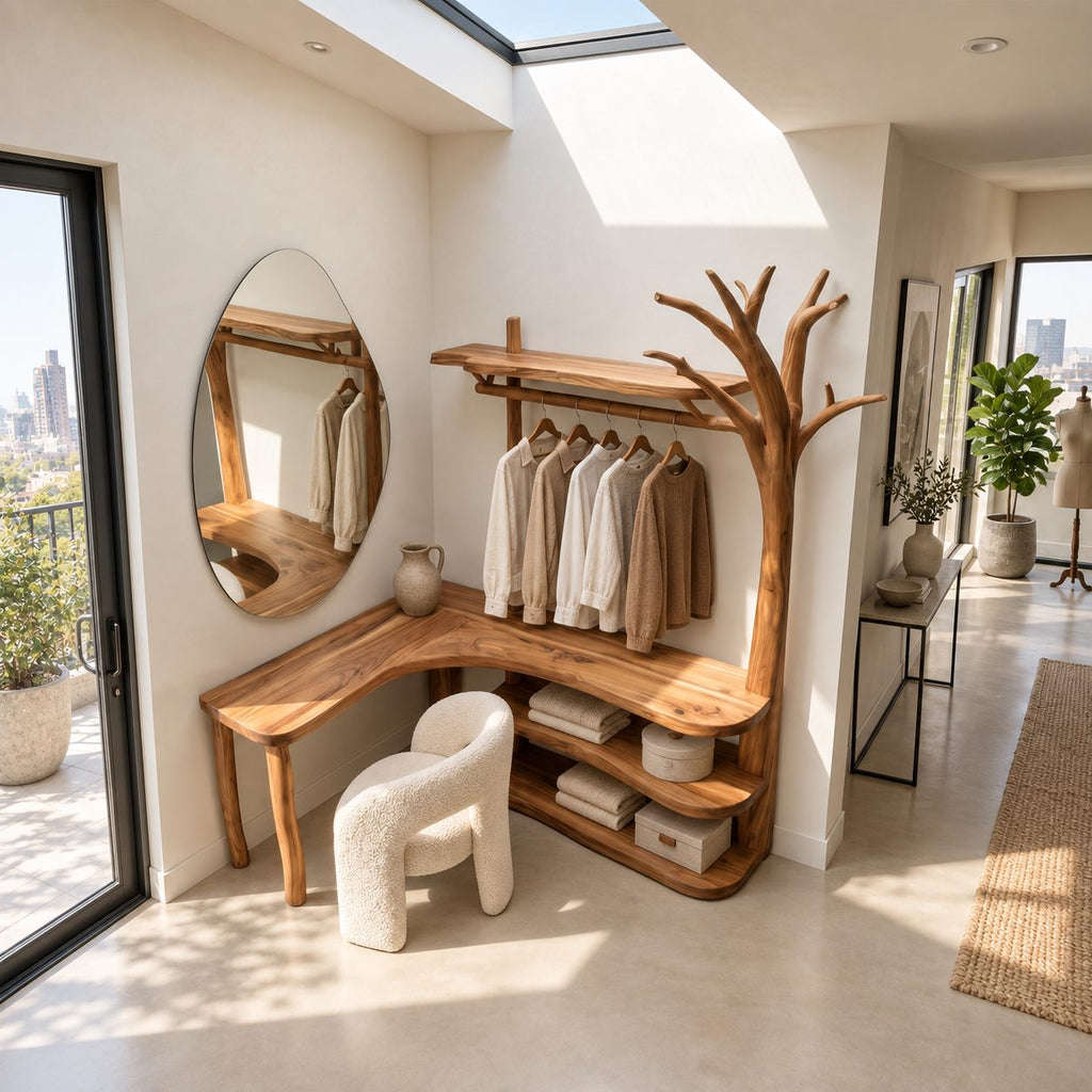 L-Shaped Corner Tree Clothes Rack with Makeup Desk, Solid Wood Dressing Unit with Curved Open Shelves