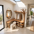 L-Shaped Corner Tree Clothes Rack with Makeup Desk, Solid Wood Dressing Unit with Curved Open Shelves