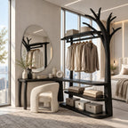 L-Shaped Corner Tree Clothes Rack with Makeup Desk, Solid Wood Dressing Unit with Curved Open Shelves