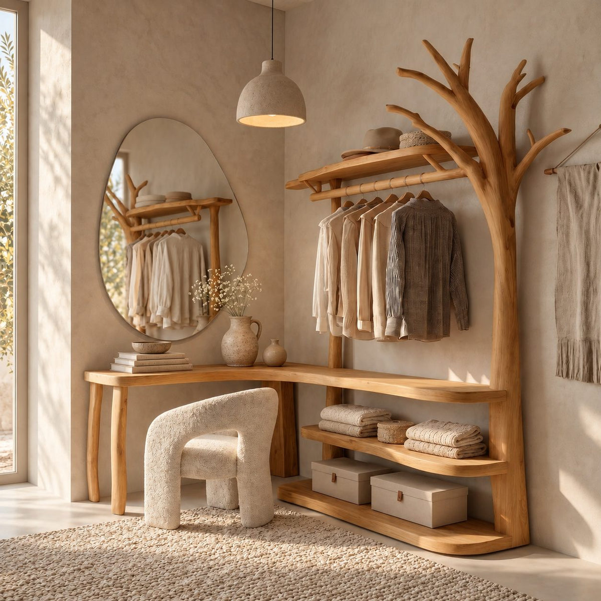 L-Shaped Corner Tree Clothes Rack with Makeup Desk, Solid Wood Dressing Unit with Curved Open Shelves