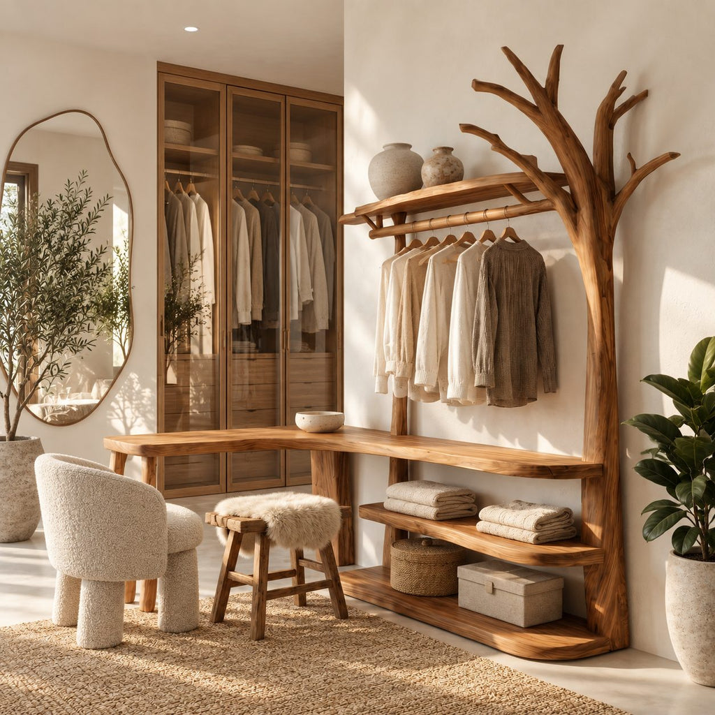 L-Shaped Corner Tree Clothes Rack with Makeup Desk, Solid Wood Dressing Unit with Curved Open Shelves