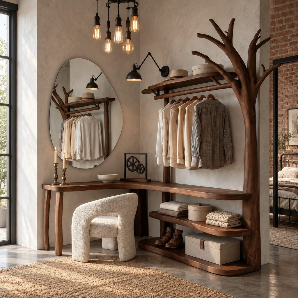 L-Shaped Corner Tree Clothes Rack with Makeup Desk, Solid Wood Dressing Unit with Curved Open Shelves