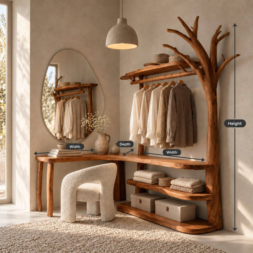 L-Shaped Corner Tree Clothes Rack with Makeup Desk, Solid Wood Dressing Unit with Curved Open Shelves