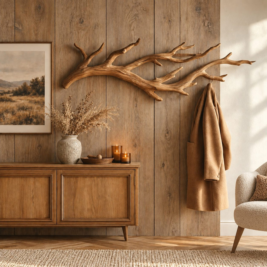 Antler Branch Wall Coat Hook, Carved Solid Wood Rack for Coats, Towels and Bags, 31-67 Inch Wide