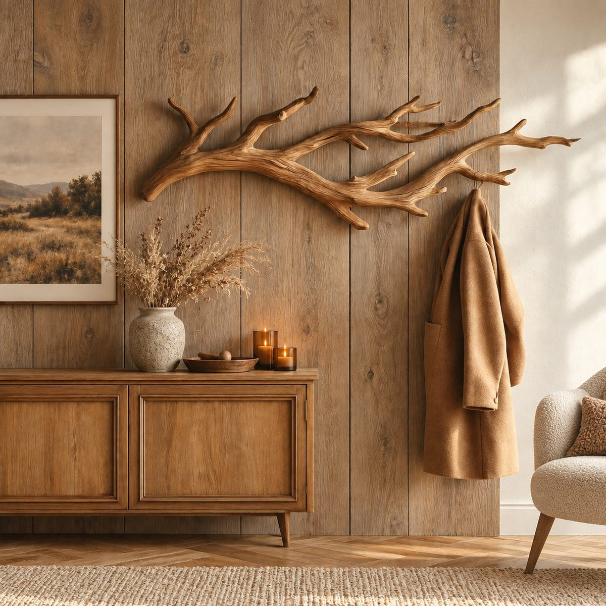 Antler Branch Wall Coat Hook, Carved Solid Wood Rack for Coats, Towels and Bags, 31-67 Inch Wide