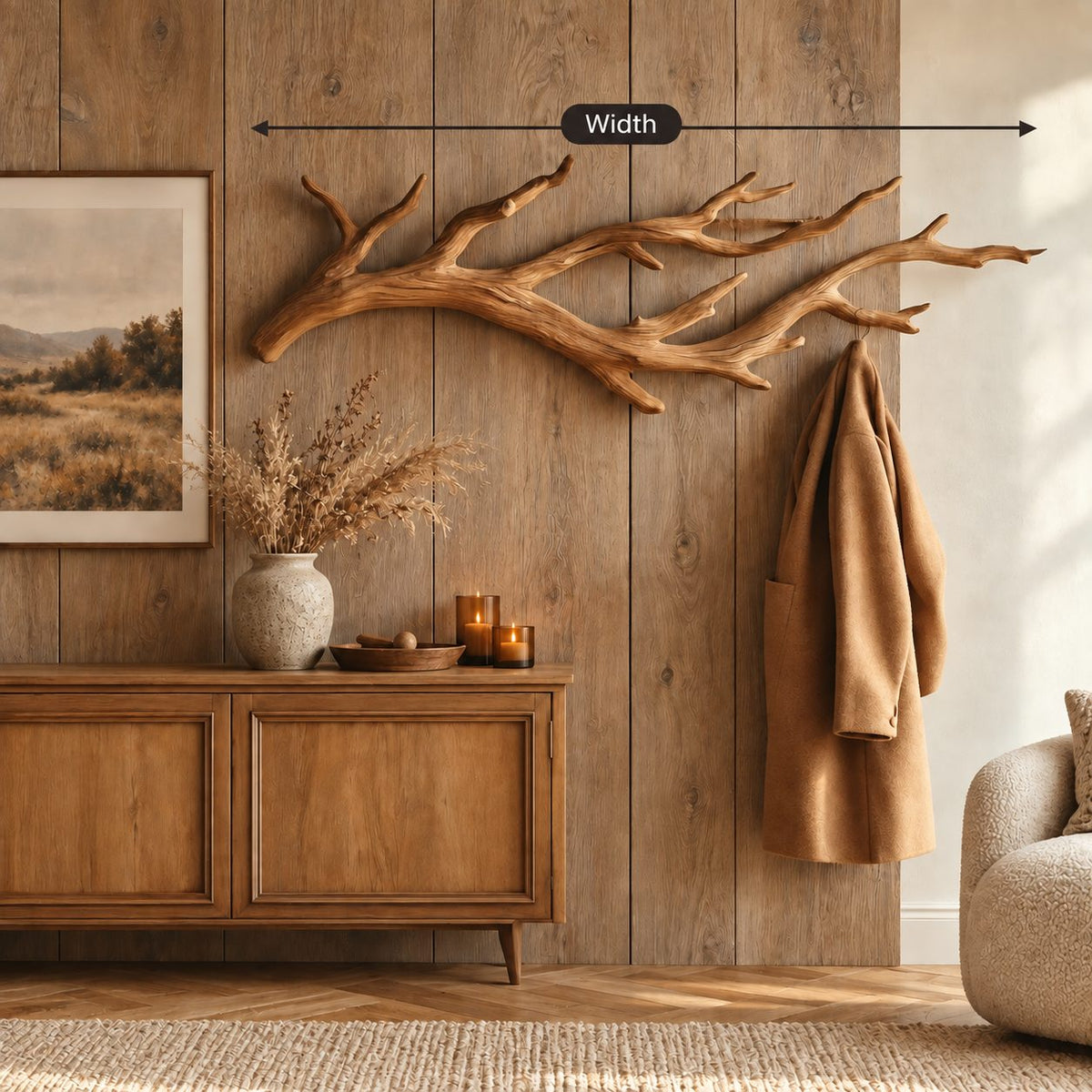 Antler Branch Wall Coat Hook, Carved Solid Wood Rack for Coats, Towels and Bags, 31-67 Inch Wide