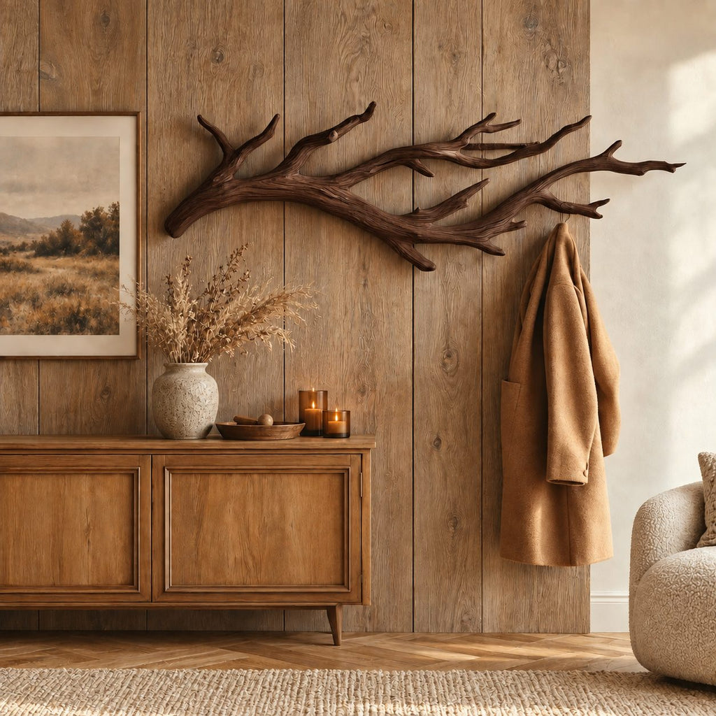 Antler Branch Wall Coat Hook, Carved Solid Wood Rack for Coats, Towels and Bags, 31-67 Inch Wide