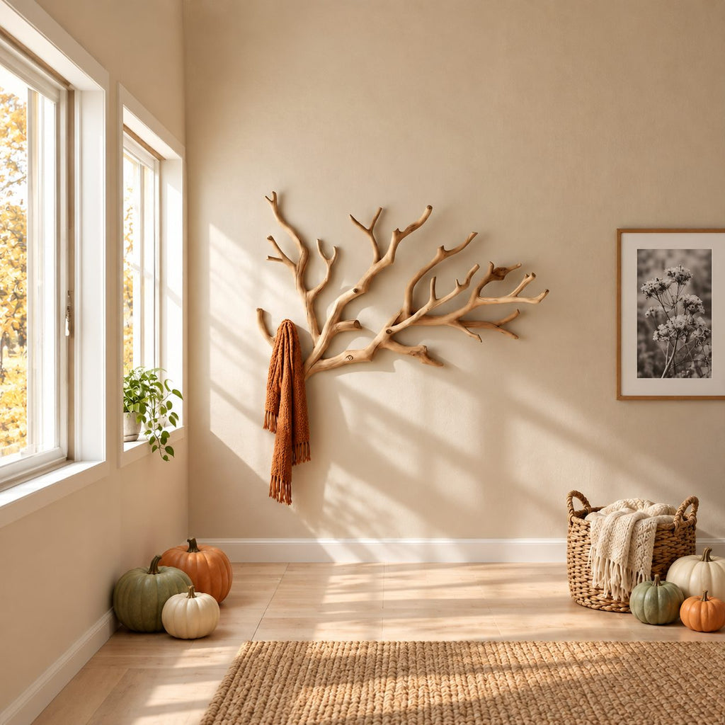 Spreading Tree Branch Wall Coat Rack, Large Carved Solid Wood Branch Hanger for Entryway, 35-59 Inch Wide