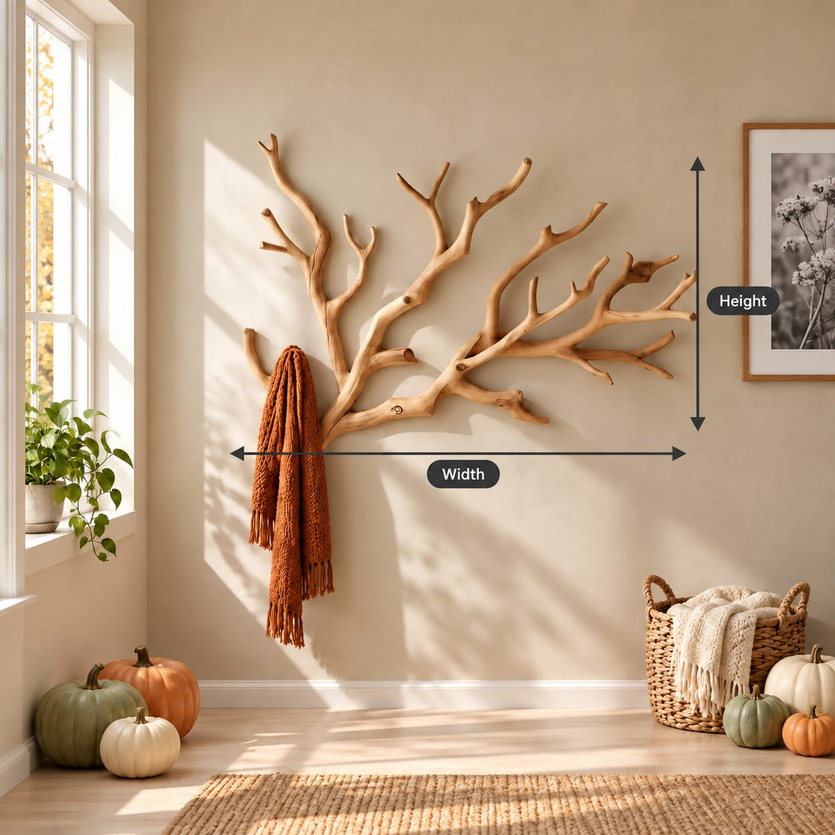 Spreading Tree Branch Wall Coat Rack, Large Carved Solid Wood Branch Hanger for Entryway, 35-59 Inch Wide