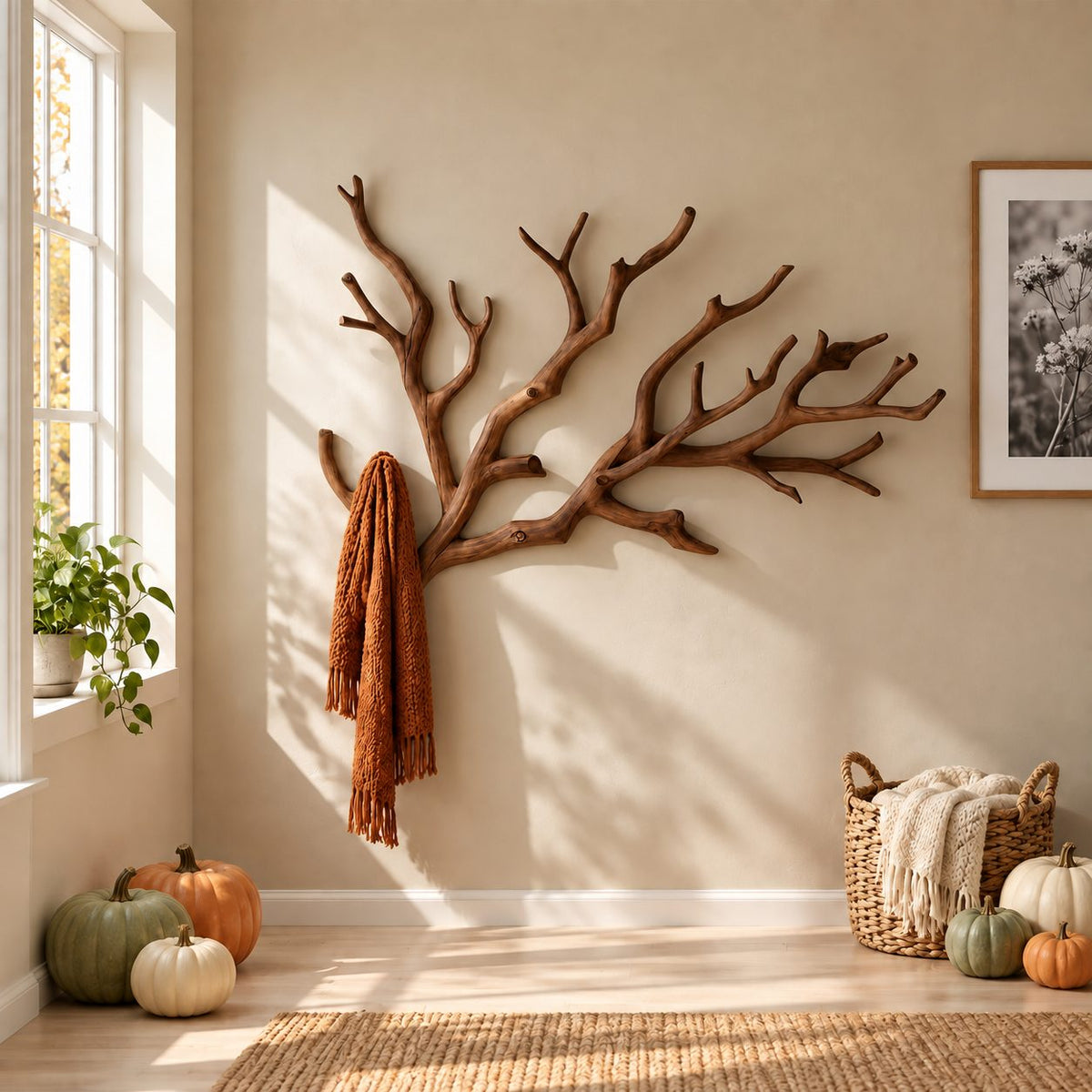 Spreading Tree Branch Wall Coat Rack, Large Carved Solid Wood Branch Hanger for Entryway, 35-59 Inch Wide