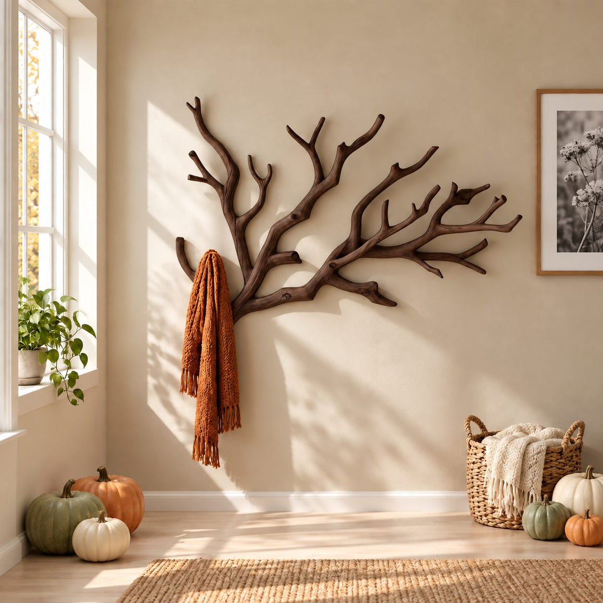 Spreading Tree Branch Wall Coat Rack, Large Carved Solid Wood Branch Hanger for Entryway, 35-59 Inch Wide
