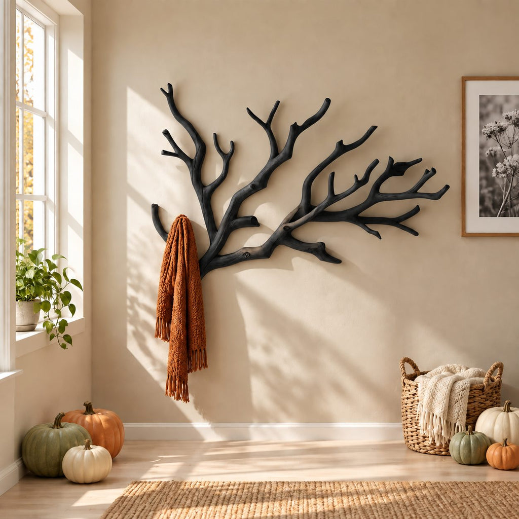 Spreading Tree Branch Wall Coat Rack, Large Carved Solid Wood Branch Hanger for Entryway, 35-59 Inch Wide