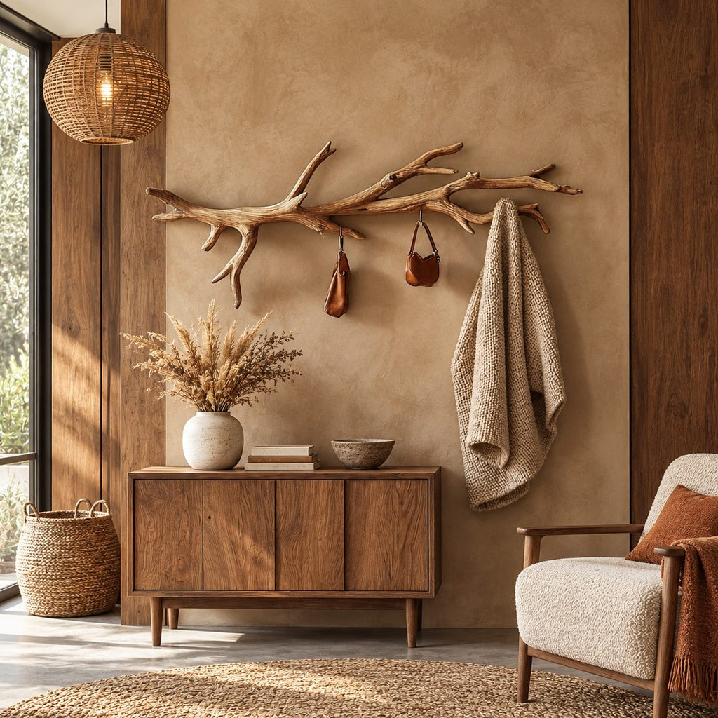 Driftwood Branch Wall Coat Rack with Hanging Hooks, Long Carved Solid Wood Clothes Rail, 60-80 Inch