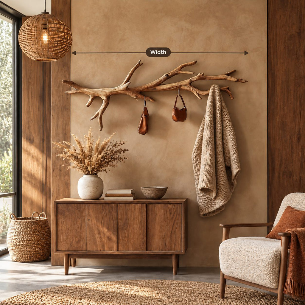 Driftwood Branch Wall Coat Rack with Hanging Hooks, Long Carved Solid Wood Clothes Rail, 60-80 Inch