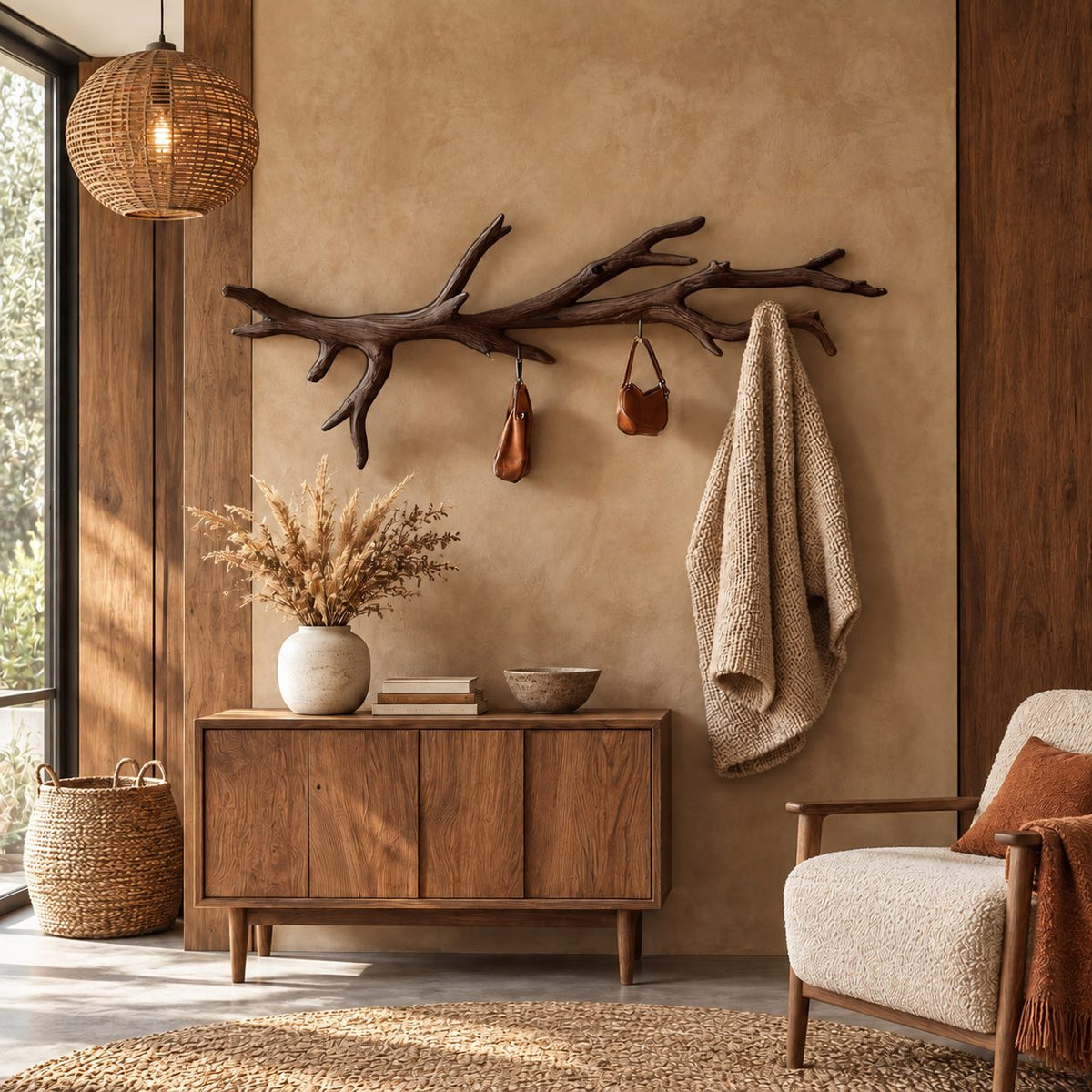 Driftwood Branch Wall Coat Rack with Hanging Hooks, Long Carved Solid Wood Clothes Rail, 60-80 Inch