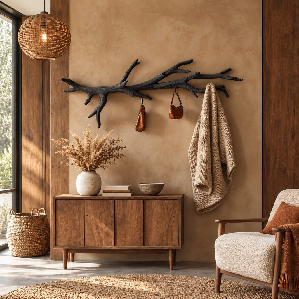 Driftwood Branch Wall Coat Rack with Hanging Hooks, Long Carved Solid Wood Clothes Rail, 60-80 Inch