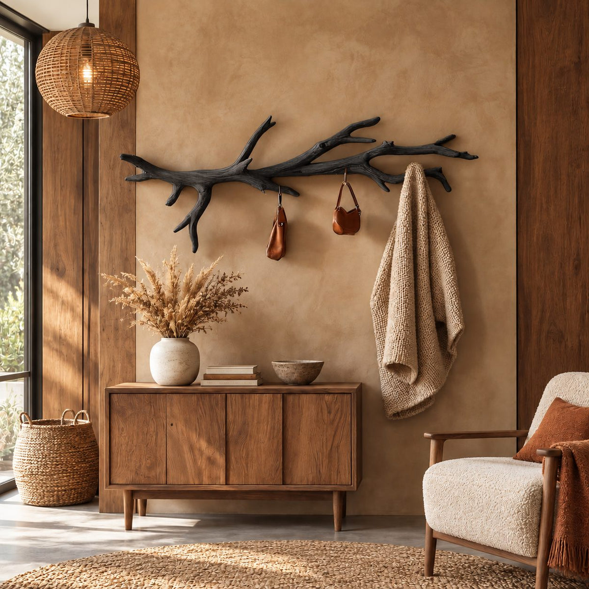 Driftwood Branch Wall Coat Rack with Hanging Hooks, Long Carved Solid Wood Clothes Rail, 60-80 Inch