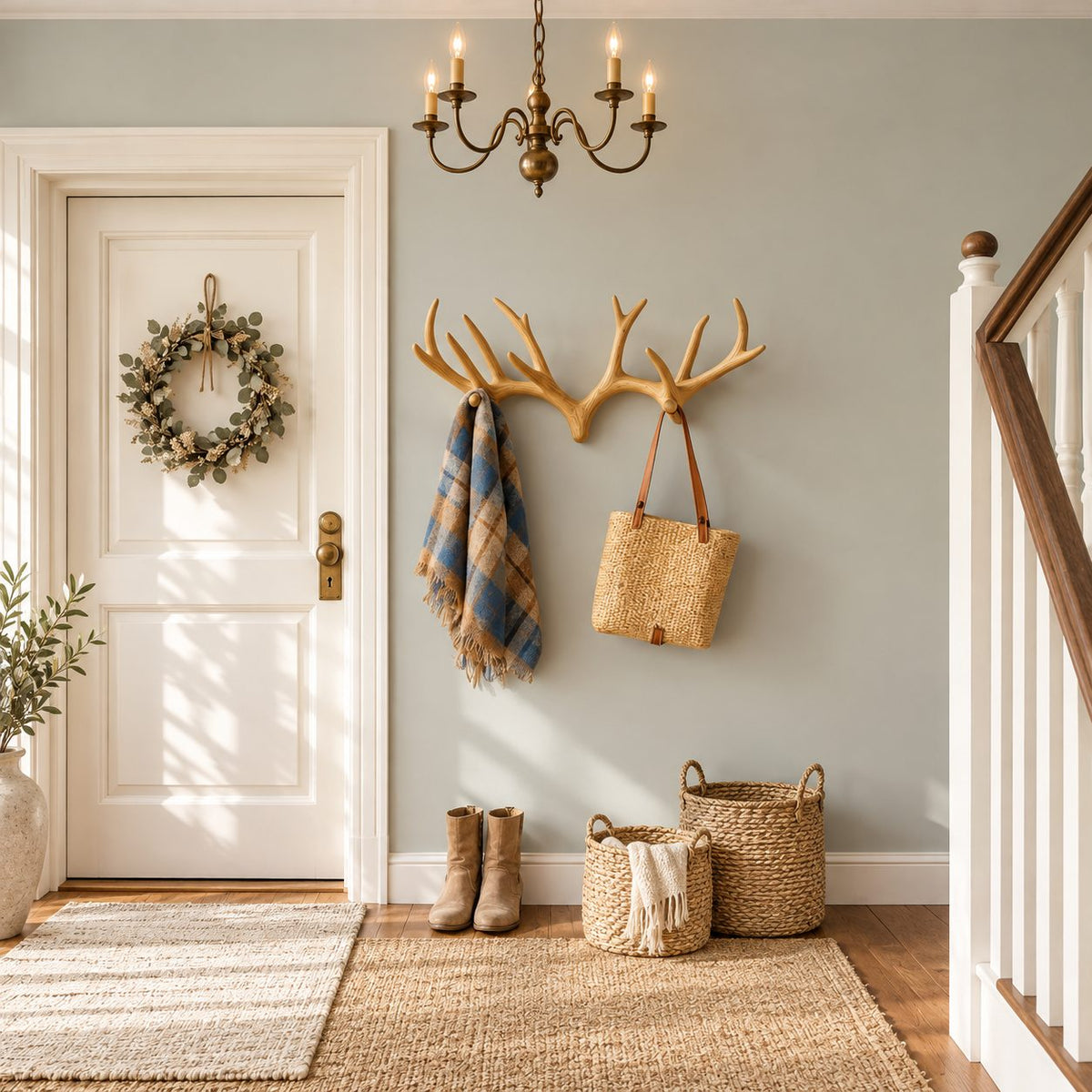 Minimalist Twin Antler Wall Coat Rack, Smooth Carved Solid Wood Hook for Entryway, 31-67 Inch Wide