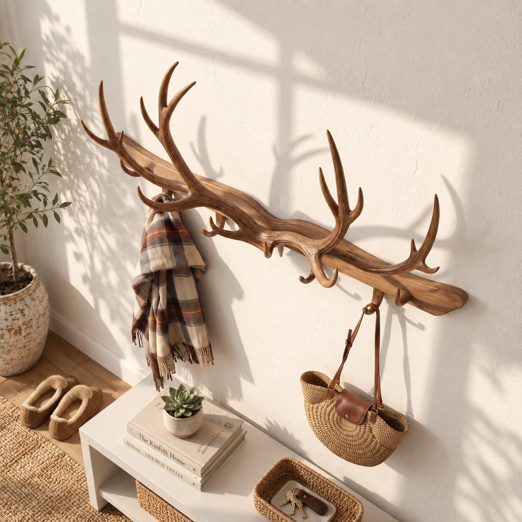 Antler Bar Wall Coat Rack, Long Solid Wood Rail with Carved Antlers and Peg Hooks, 31-67 Inch Wide