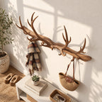 Antler Bar Wall Coat Rack, Long Solid Wood Rail with Carved Antlers and Peg Hooks, 31-67 Inch Wide