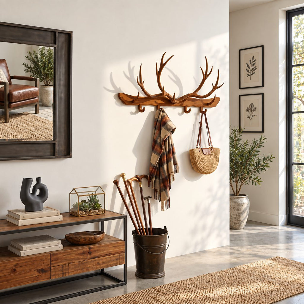 Antler Bar Wall Coat Rack, Long Solid Wood Rail with Carved Antlers and Peg Hooks, 31-67 Inch Wide