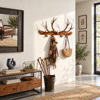 Antler Bar Wall Coat Rack, Long Solid Wood Rail with Carved Antlers and Peg Hooks, 31-67 Inch Wide