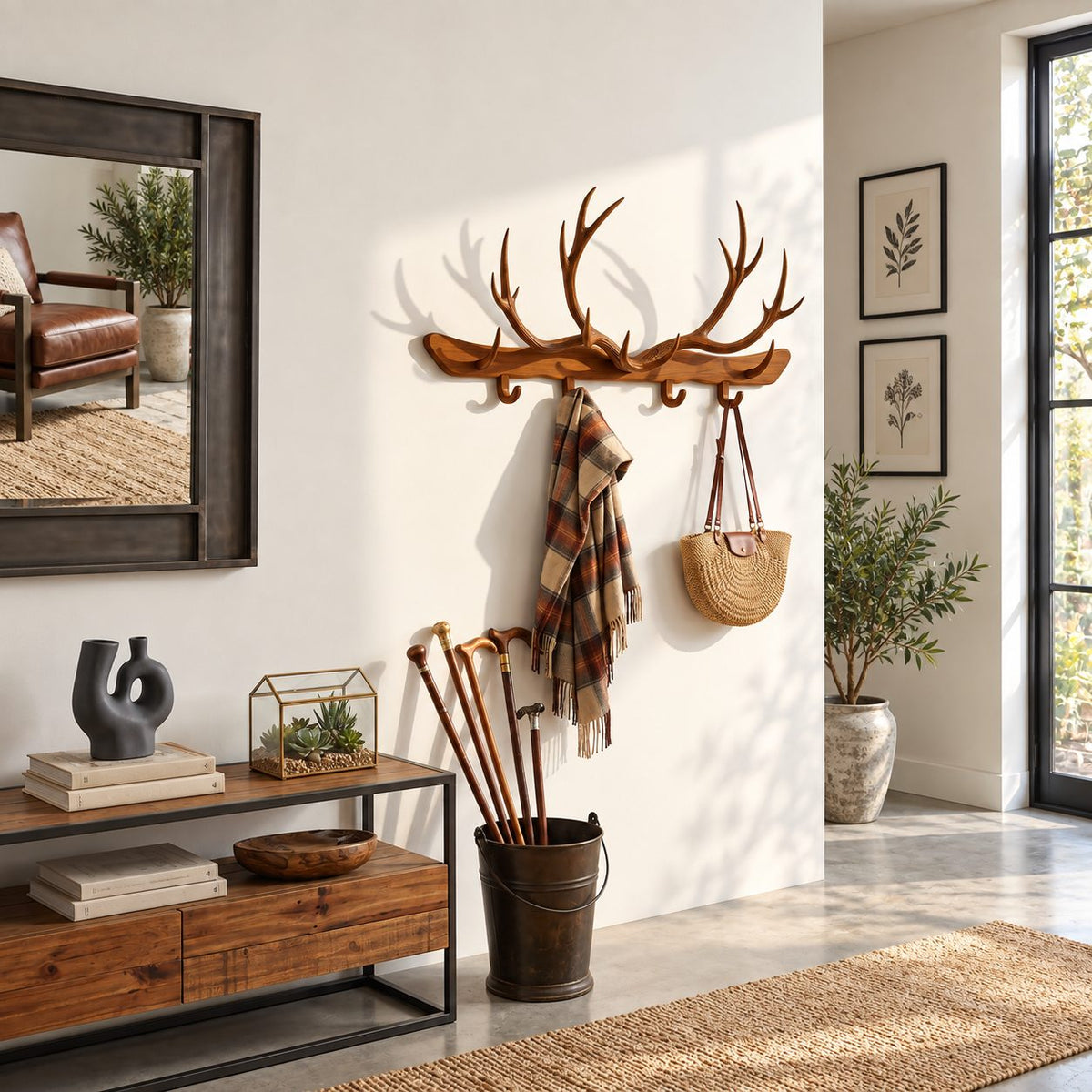 Antler Bar Wall Coat Rack, Long Solid Wood Rail with Carved Antlers and Peg Hooks, 31-67 Inch Wide