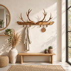 Antler Bar Wall Coat Rack, Long Solid Wood Rail with Carved Antlers and Peg Hooks, 31-67 Inch Wide