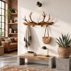 Antler Bar Wall Coat Rack, Long Solid Wood Rail with Carved Antlers and Peg Hooks, 31-67 Inch Wide