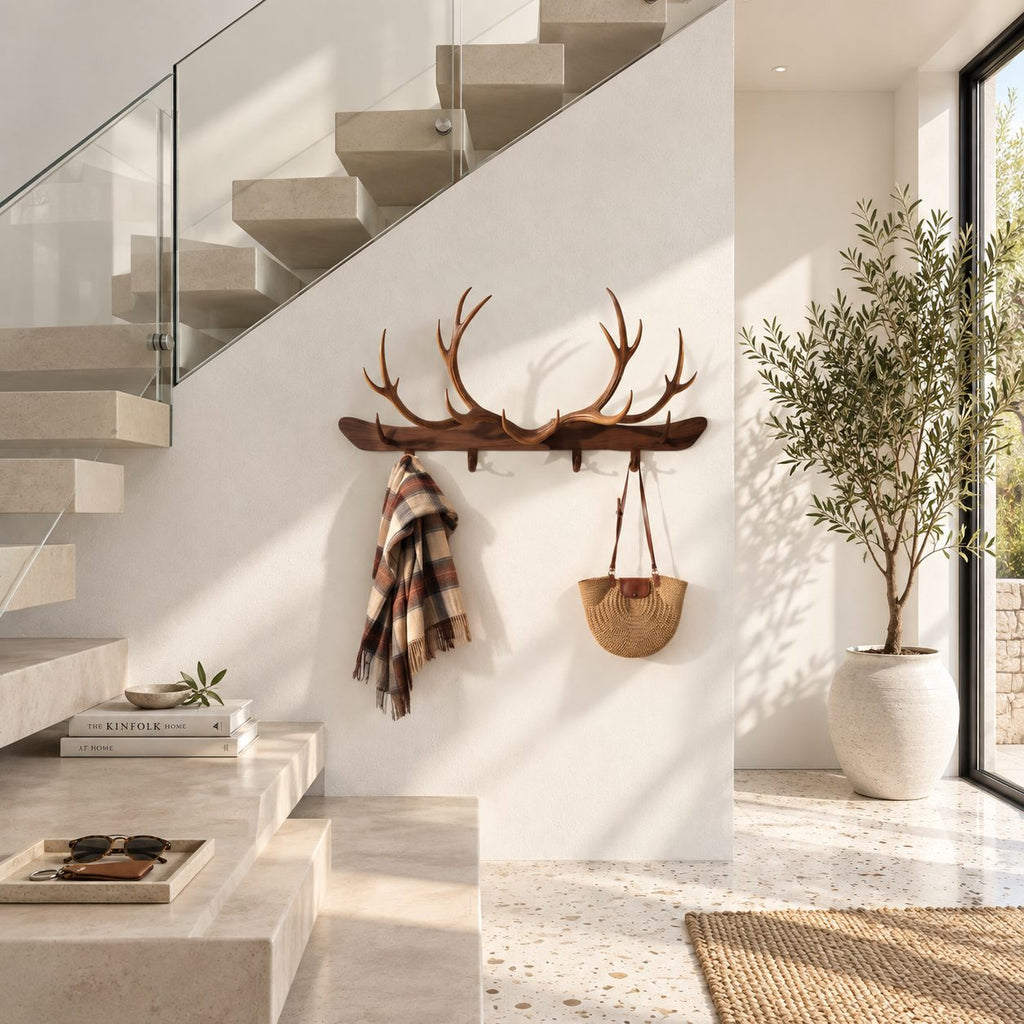 Antler Bar Wall Coat Rack, Long Solid Wood Rail with Carved Antlers and Peg Hooks, 31-67 Inch Wide