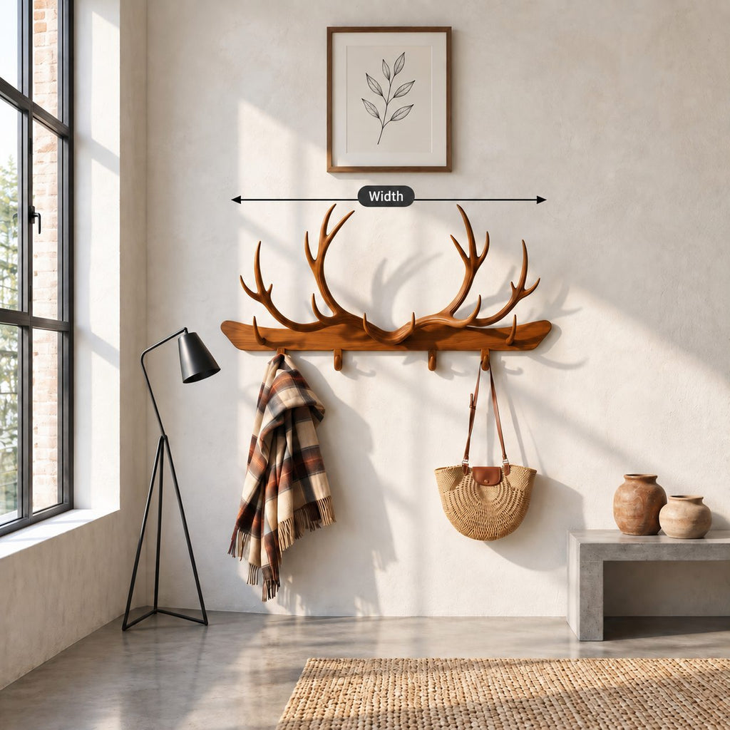 Antler Bar Wall Coat Rack, Long Solid Wood Rail with Carved Antlers and Peg Hooks, 31-67 Inch Wide