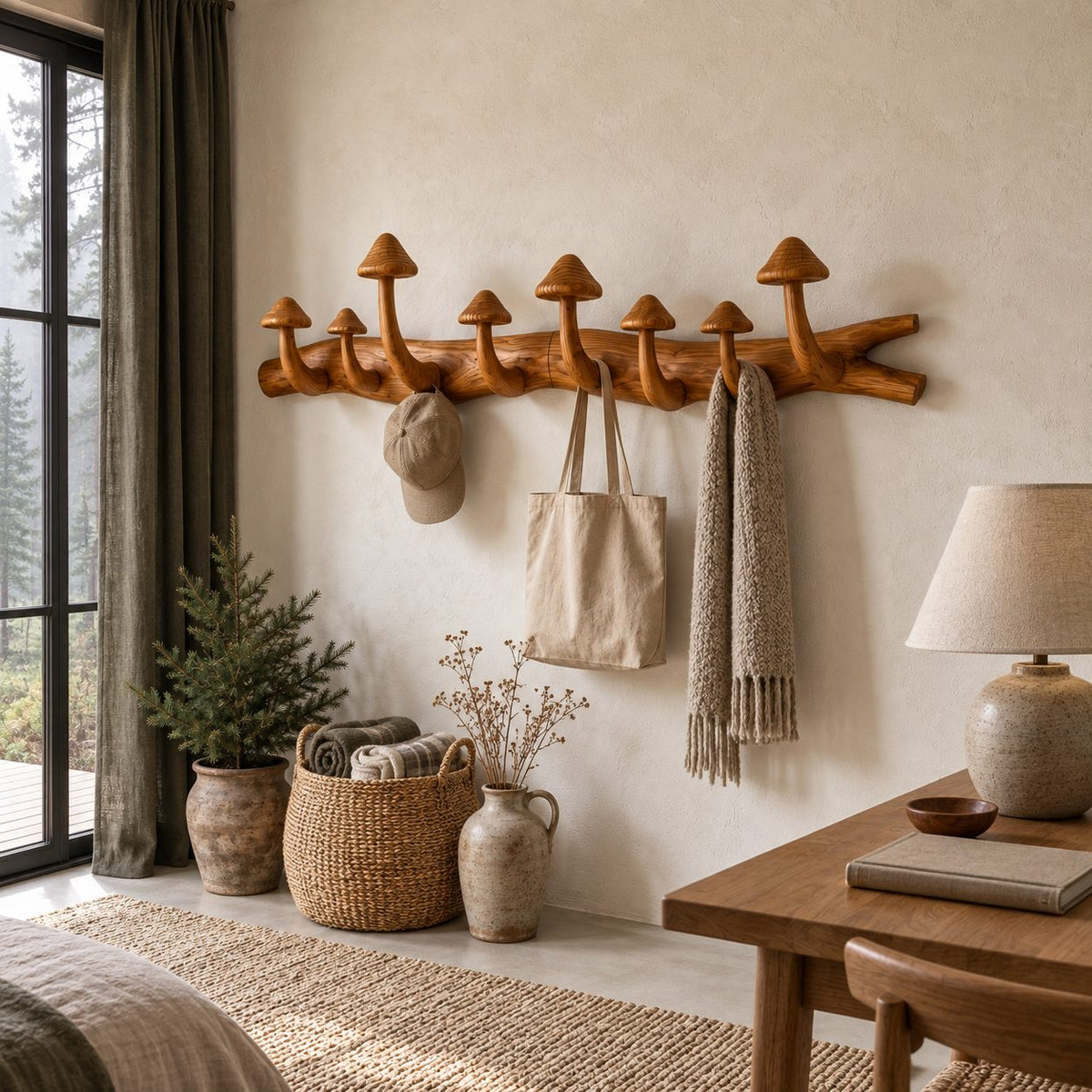 Mushroom Branch Wall Coat Rack, Carved Solid Wood Log with Mushroom Cap Hooks for Entryway, 35-49 Inch