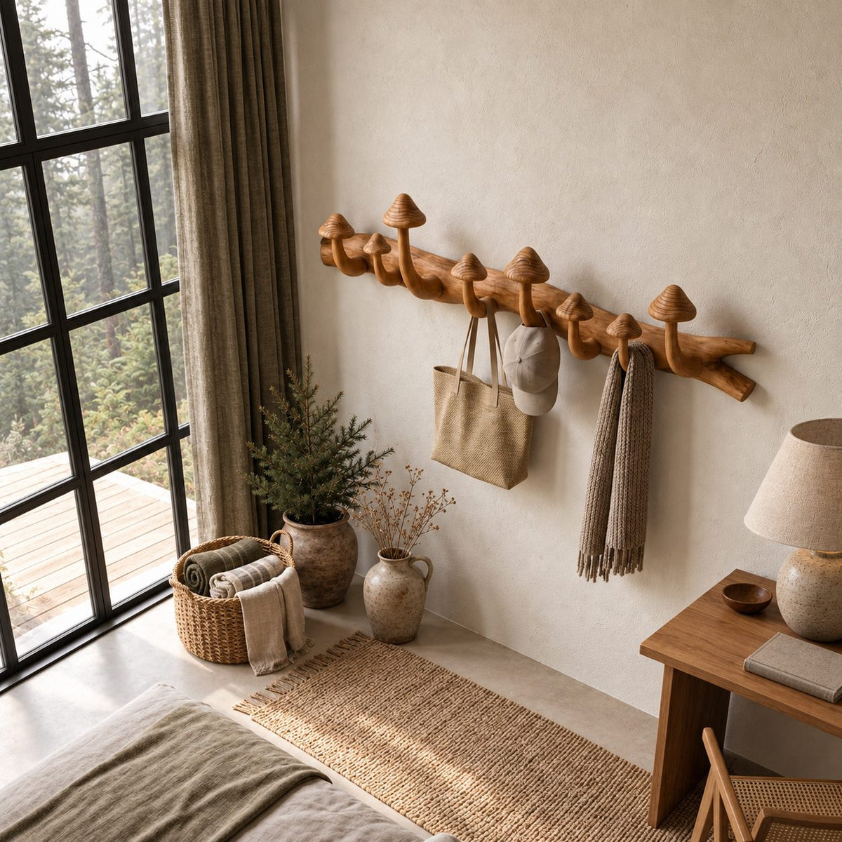 Mushroom Branch Wall Coat Rack, Carved Solid Wood Log with Mushroom Cap Hooks for Entryway, 35-49 Inch