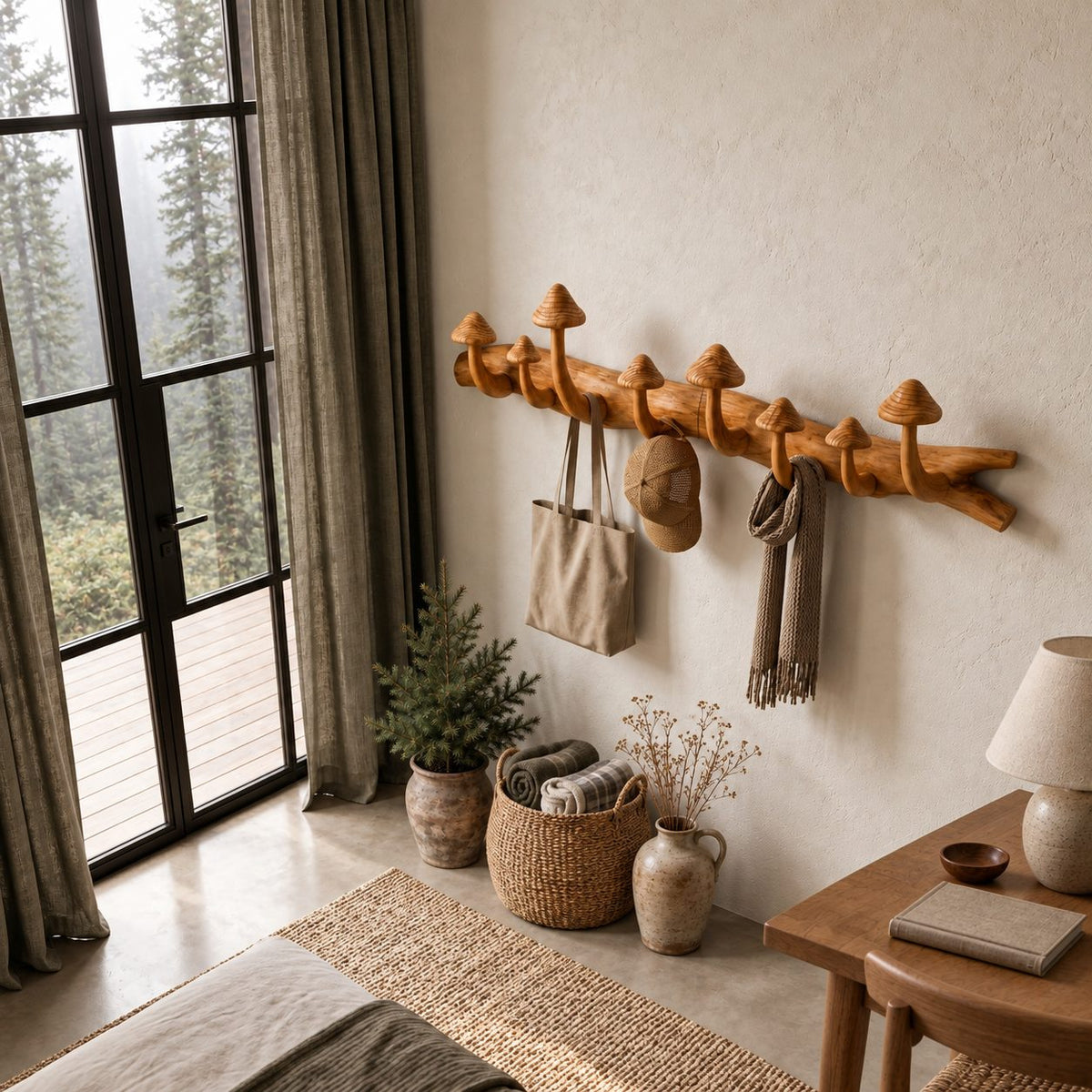 Mushroom Branch Wall Coat Rack, Carved Solid Wood Log with Mushroom Cap Hooks for Entryway, 35-49 Inch