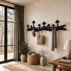 Mushroom Branch Wall Coat Rack, Carved Solid Wood Log with Mushroom Cap Hooks for Entryway, 35-49 Inch