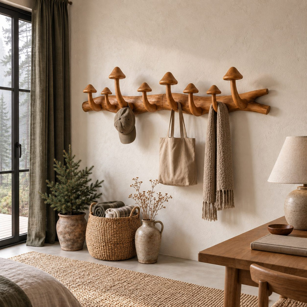 Mushroom Branch Wall Coat Rack, Carved Solid Wood Log with Mushroom Cap Hooks for Entryway, 35-49 Inch