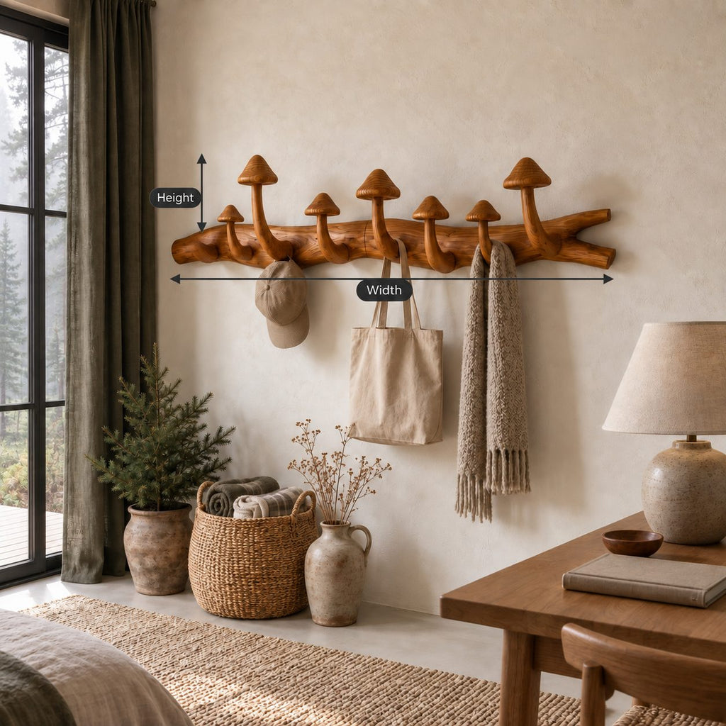 Mushroom Branch Wall Coat Rack, Carved Solid Wood Log with Mushroom Cap Hooks for Entryway, 35-49 Inch